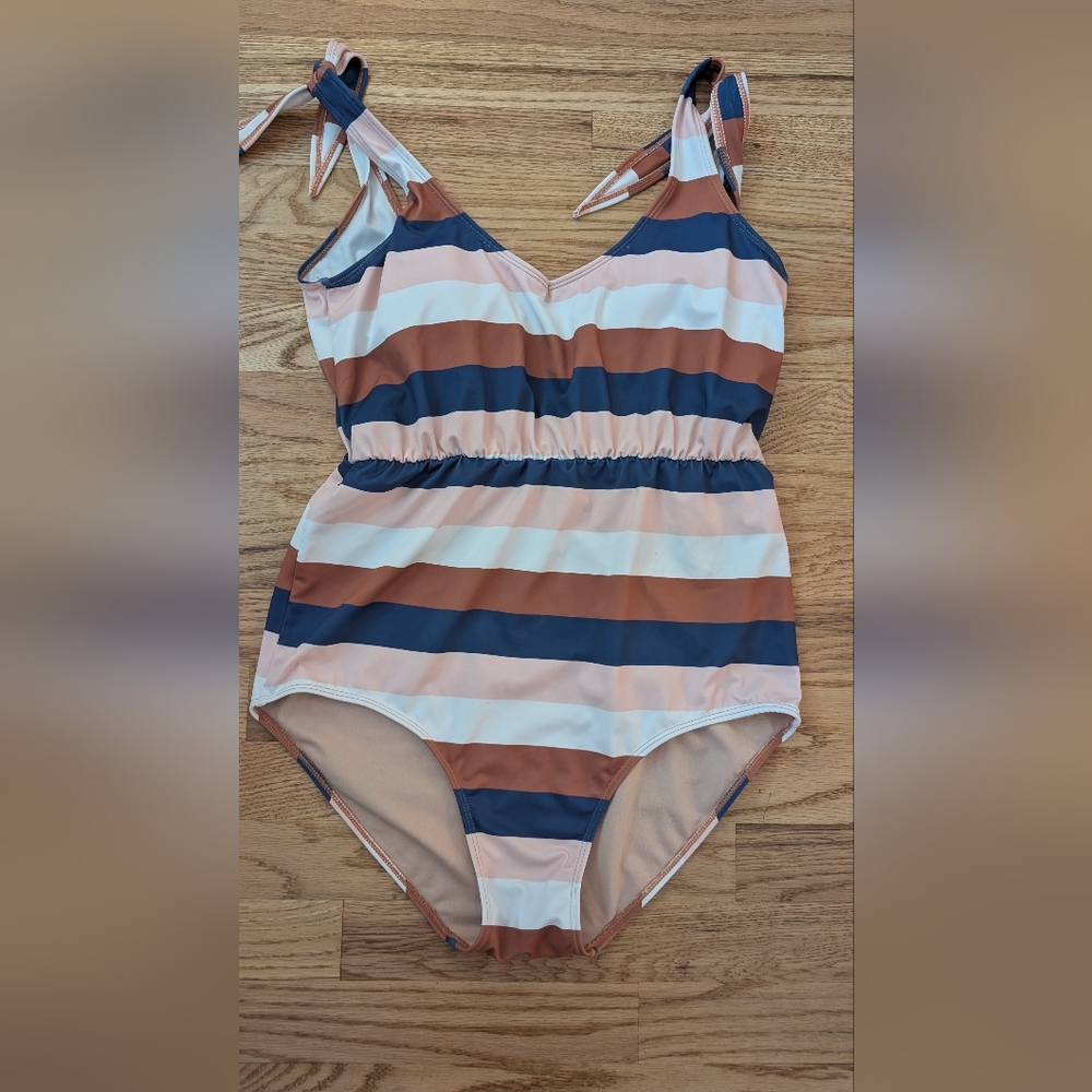 Cream and Brown One Piece Swimsuit with Elastic Waist